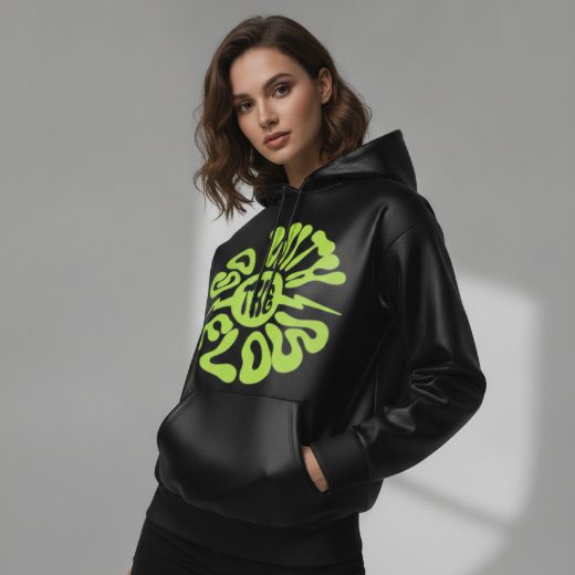 AI mockup result — model in black hoodie with green print