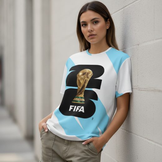 AI mockup result — model in graphic tee leaning on a wall